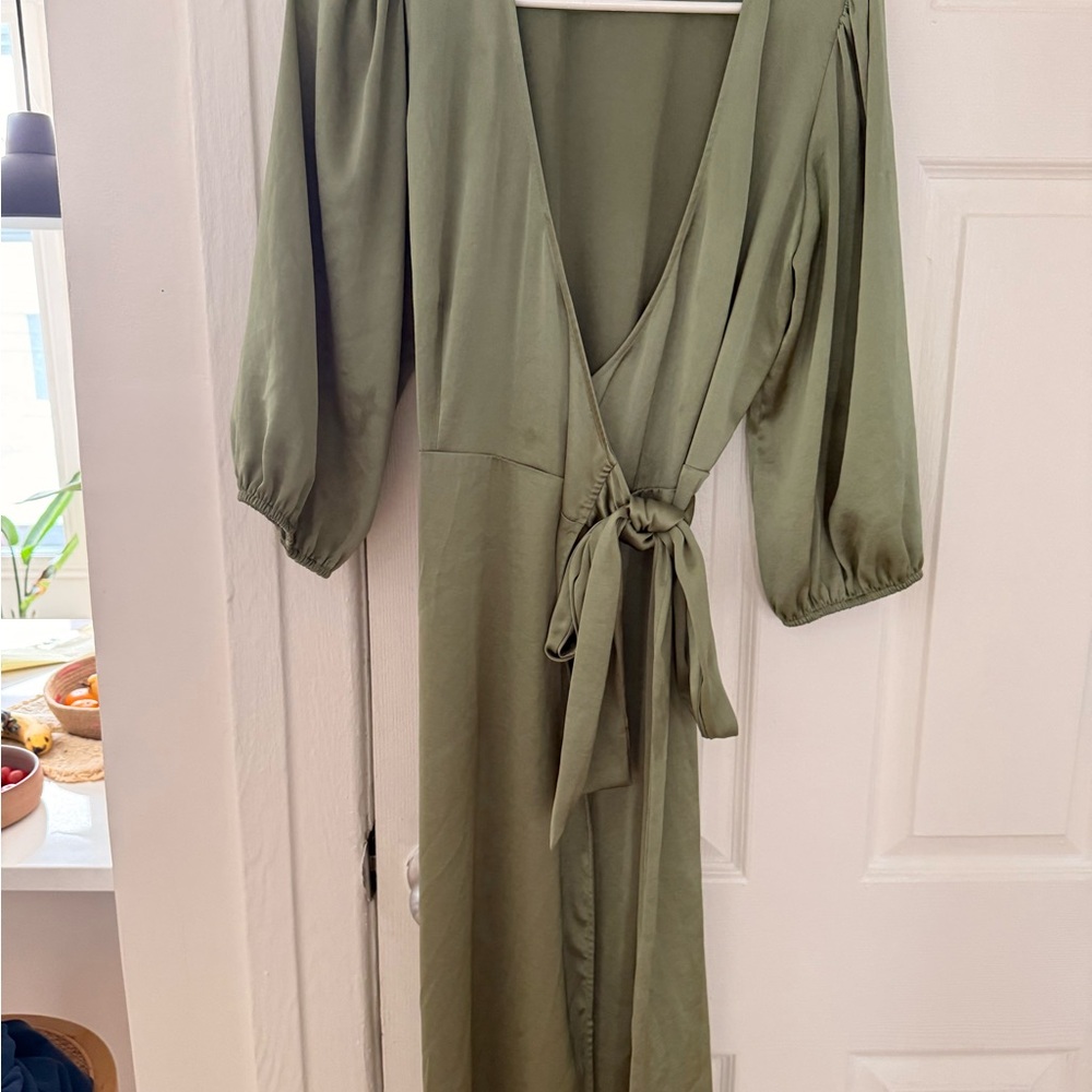 Aritzia Olive Green Wrap Midi Dress with Tie Waist